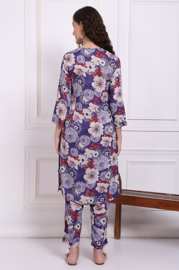 Purple Floral Printed Modal Straight Kurta and Pants Co-ord Set