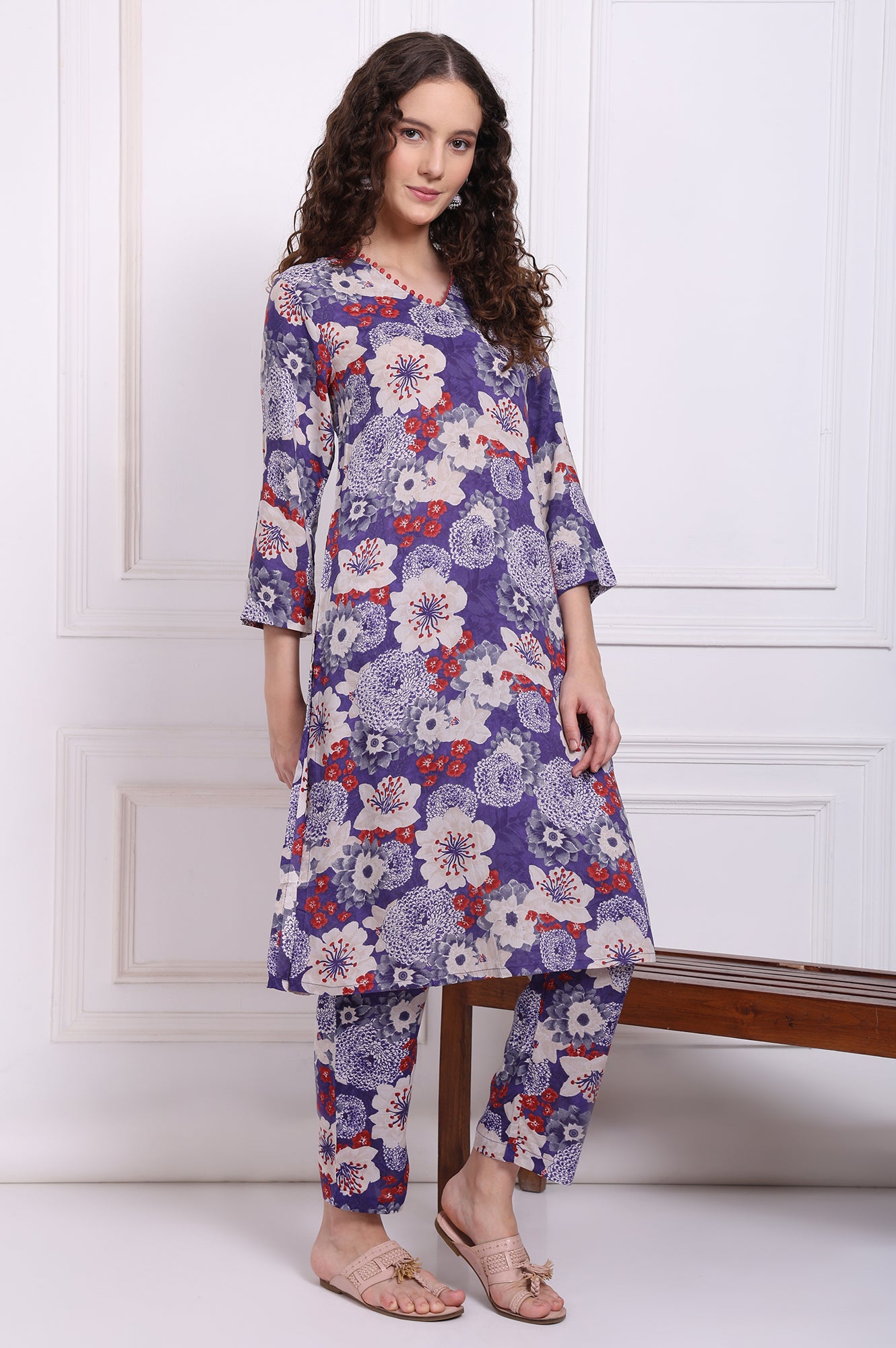 Purple Floral Printed Modal Straight Kurta and Pants Co-ord Set