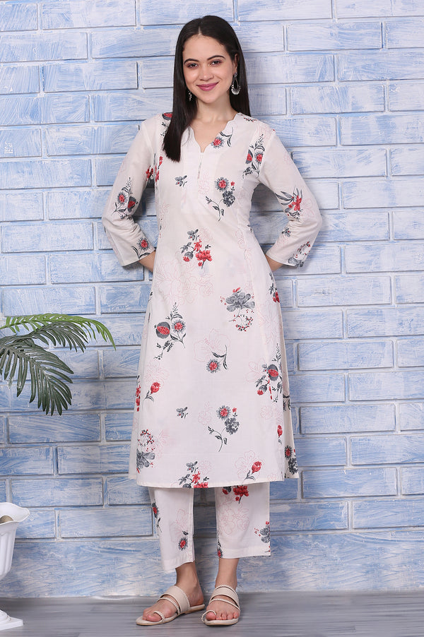 Off-White Floral Printed Pure Cotton A-line Kurta and Pants Co-ord Set