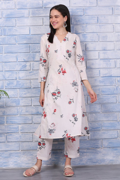 Off-White Floral Printed Pure Cotton A-line Kurta and Pants Co-ord Set