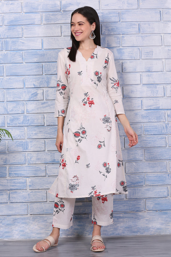 Off-White Floral Printed Pure Cotton A-line Kurta and Pants Co-ord Set