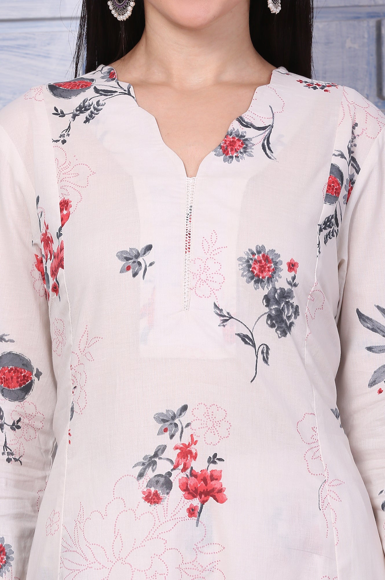 Off-White Floral Printed Pure Cotton A-line Kurta and Pants Co-ord Set