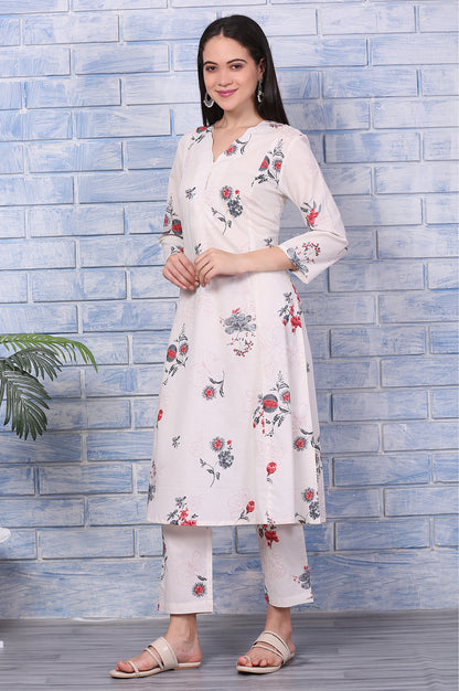 Off-White Floral Printed Pure Cotton A-line Kurta and Pants Co-ord Set
