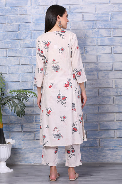 Off-White Floral Printed Pure Cotton A-line Kurta and Pants Co-ord Set