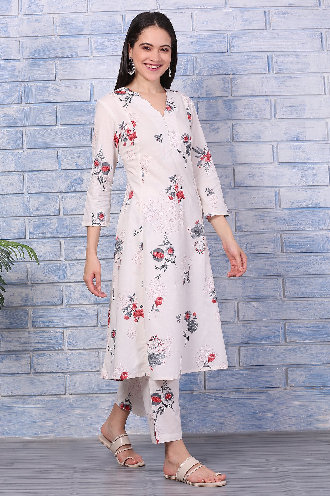 Off-White Floral Printed Pure Cotton A-line Kurta and Pants Co-ord Set