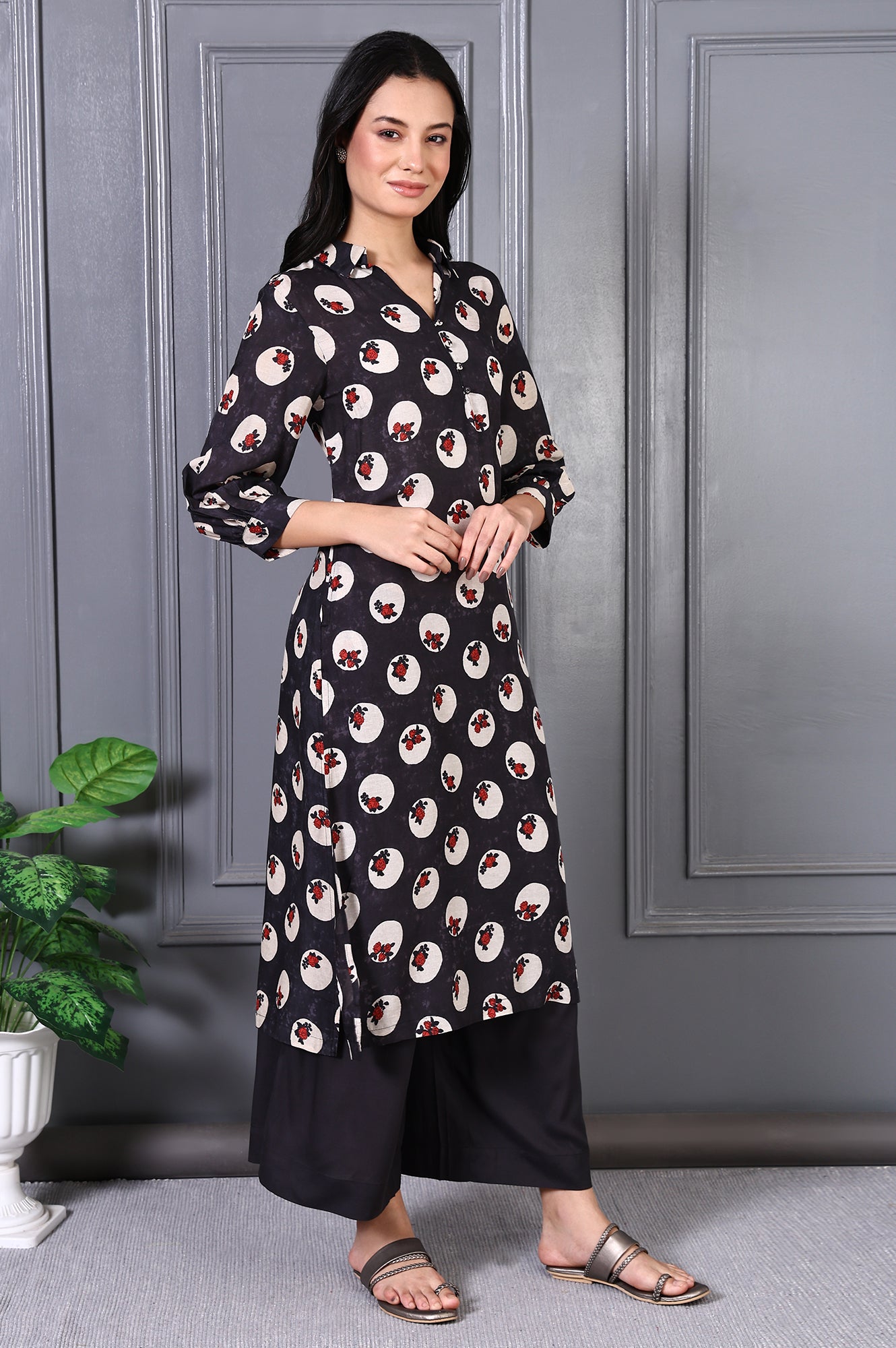 Grey Floral Printed Modal A-line Kurta and Pants Set