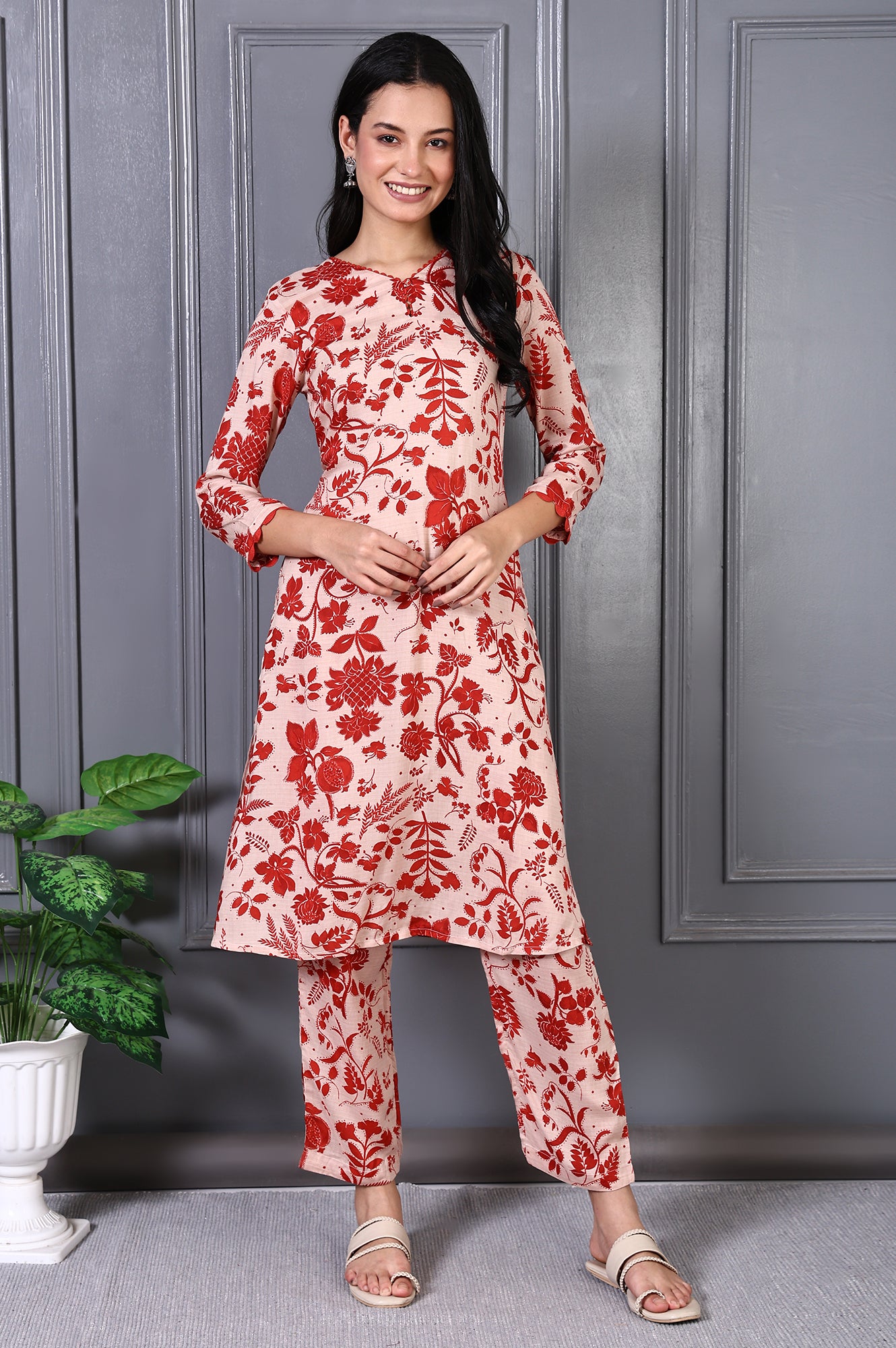 Brown Floral Printed Lace Modal  A-line Kurta Set