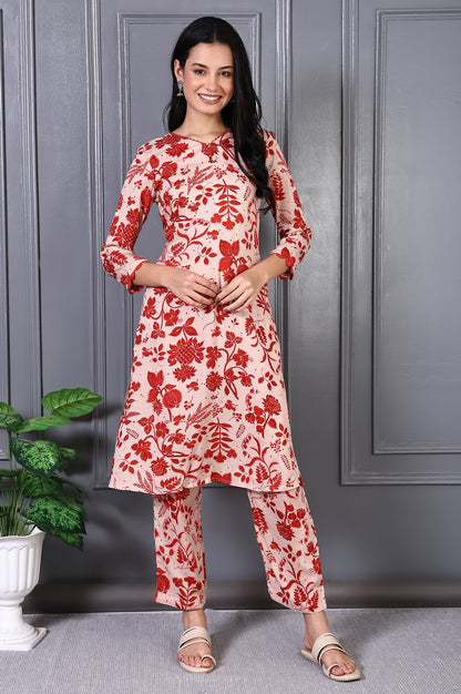 Brown Floral Printed Lace Modal  A-line Kurta Set