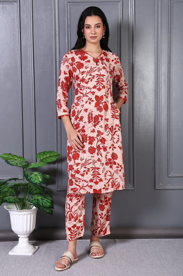 Brown Floral Printed Lace Modal  A-line Kurta Set