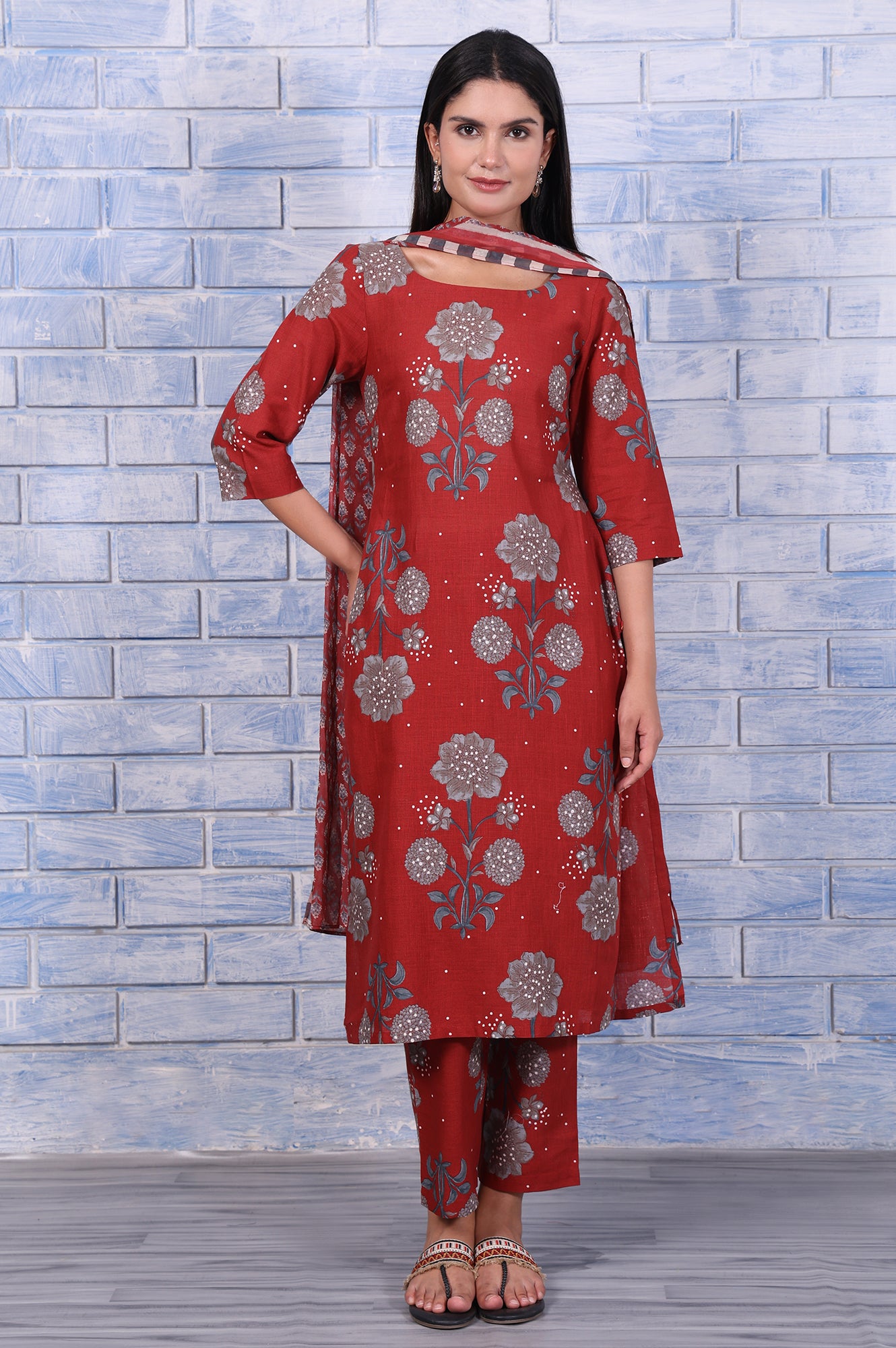 Red Floral Printed Pure Cotton A-Line Kurta, Straight Pant And Dupatta Set