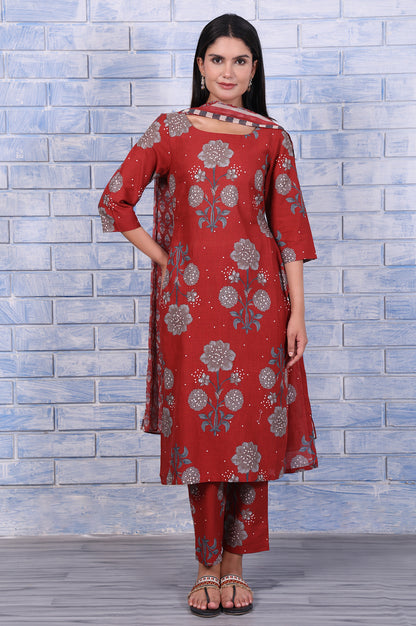 Red Floral Printed Pure Cotton A-Line Kurta, Straight Pant And Dupatta Set