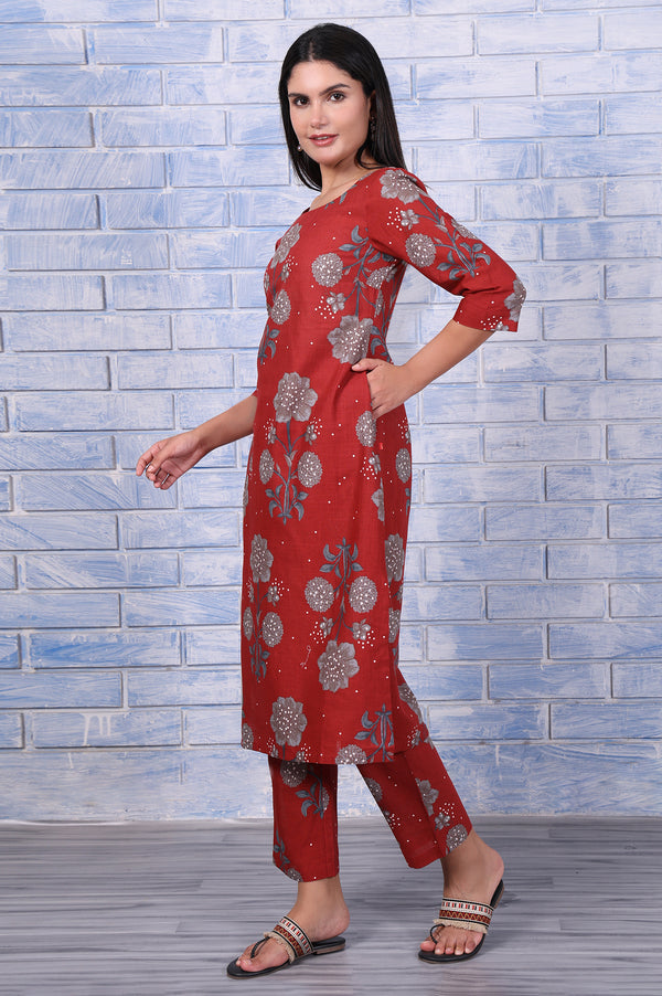 Red Floral Printed Pure Cotton A-Line Kurta, Straight Pant And Dupatta Set