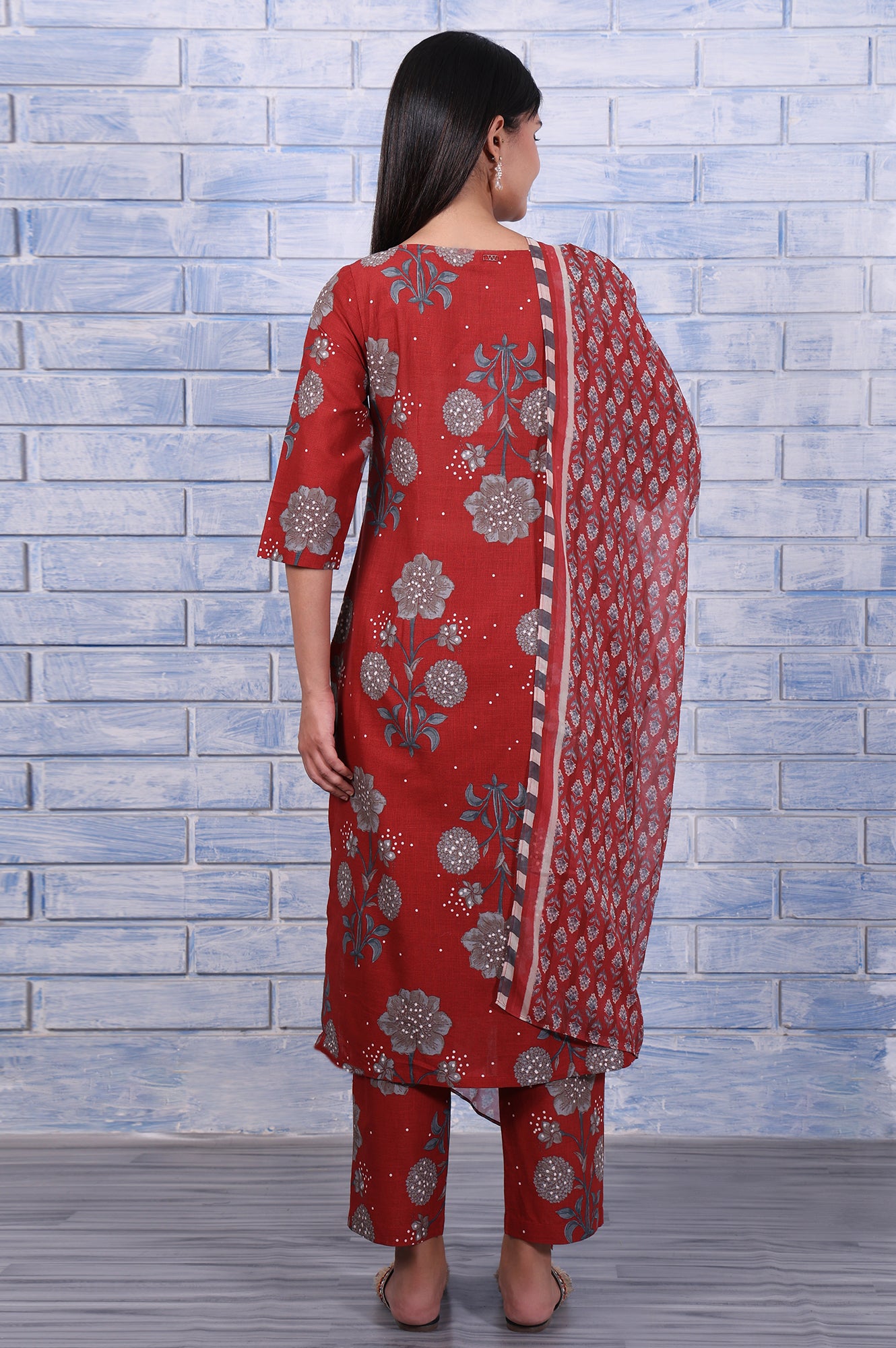 Red Floral Printed Pure Cotton A-Line Kurta, Straight Pant And Dupatta Set