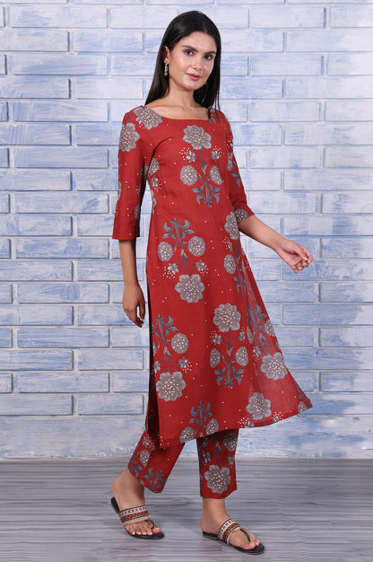 Red Floral Printed Pure Cotton A-Line Kurta, Straight Pant And Dupatta Set