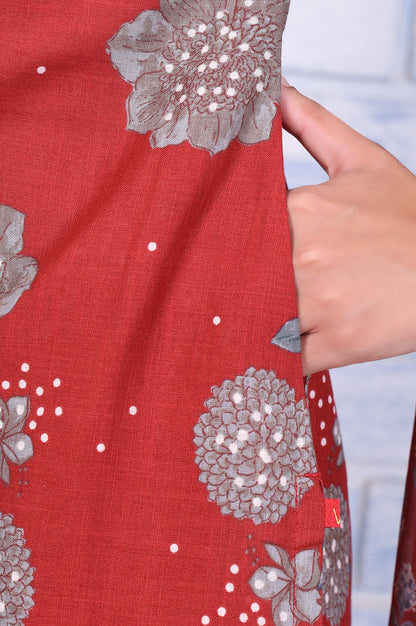 Red Floral Printed Pure Cotton A-Line Kurta, Straight Pant And Dupatta Set