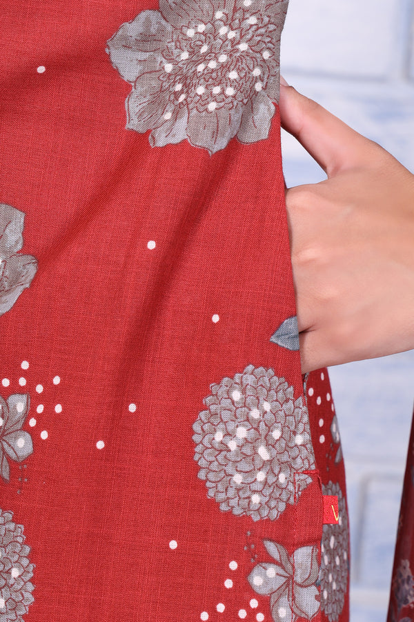 Red Floral Printed Pure Cotton A-Line Kurta, Straight Pant And Dupatta Set