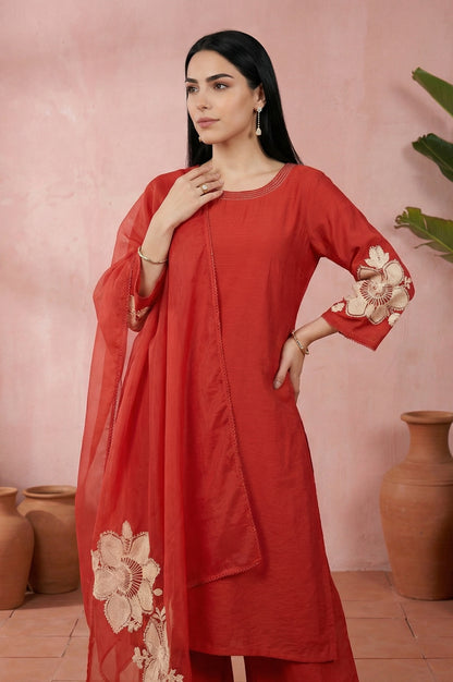 Red Thread Embroidered Straight Kurta with Flared Pants and Dupatta Set
