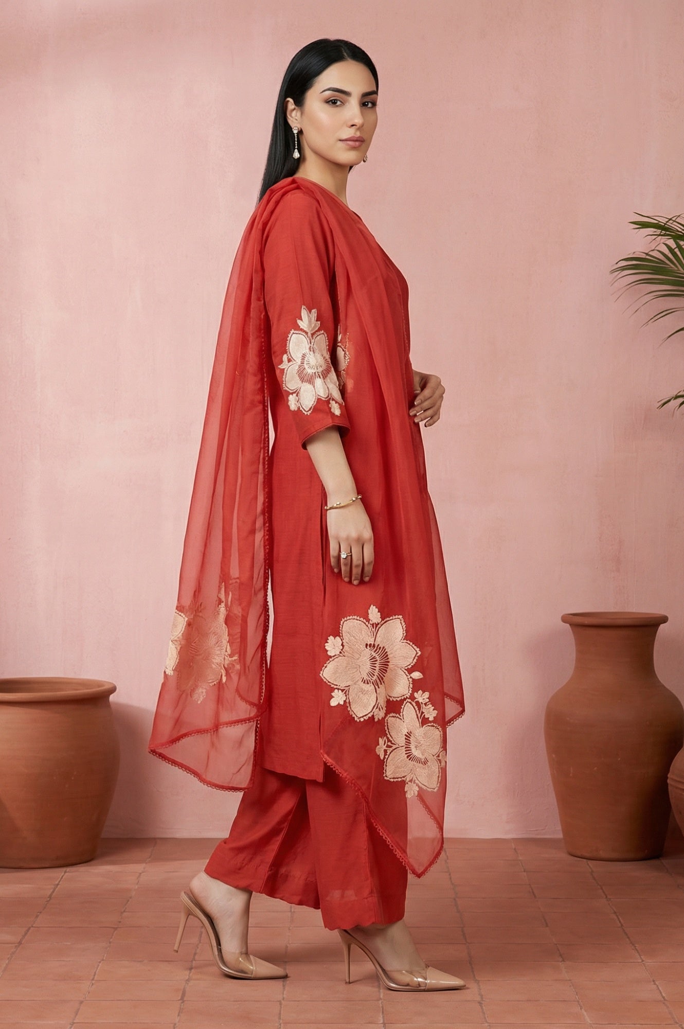 Red Thread Embroidered Straight Kurta with Flared Pants and Dupatta Set