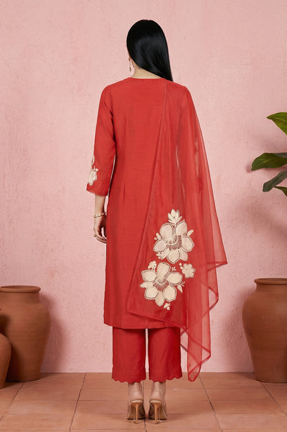 Red Thread Embroidered Straight Kurta with Flared Pants and Dupatta Set