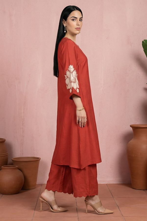 Red Thread Embroidered Straight Kurta with Flared Pants and Dupatta Set