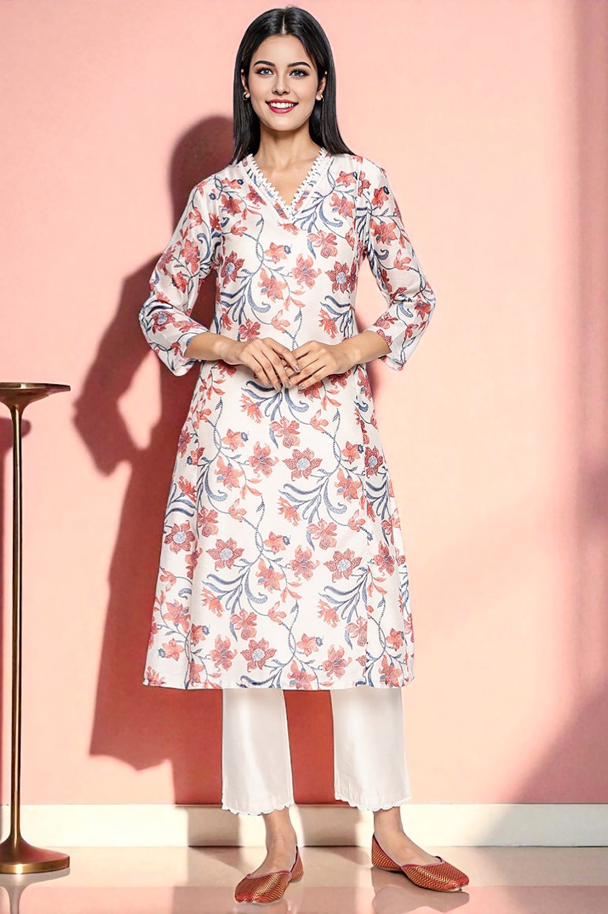 Walnut Beige Printed Chanderi A-line Kurta and Straight Pant Set - XS
