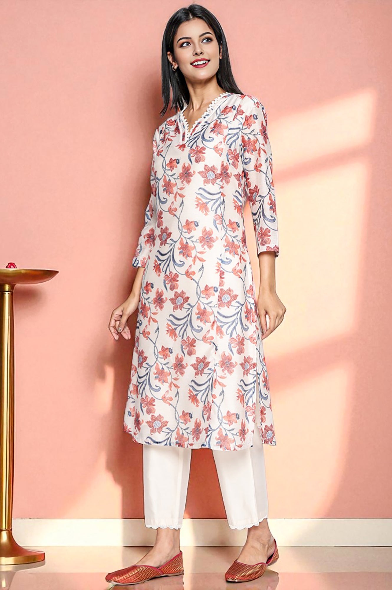 Walnut Beige Printed Chanderi A-line Kurta and Straight Pant Set