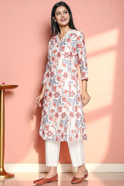 Walnut Beige Printed Chanderi A-line Kurta and Straight Pant Set