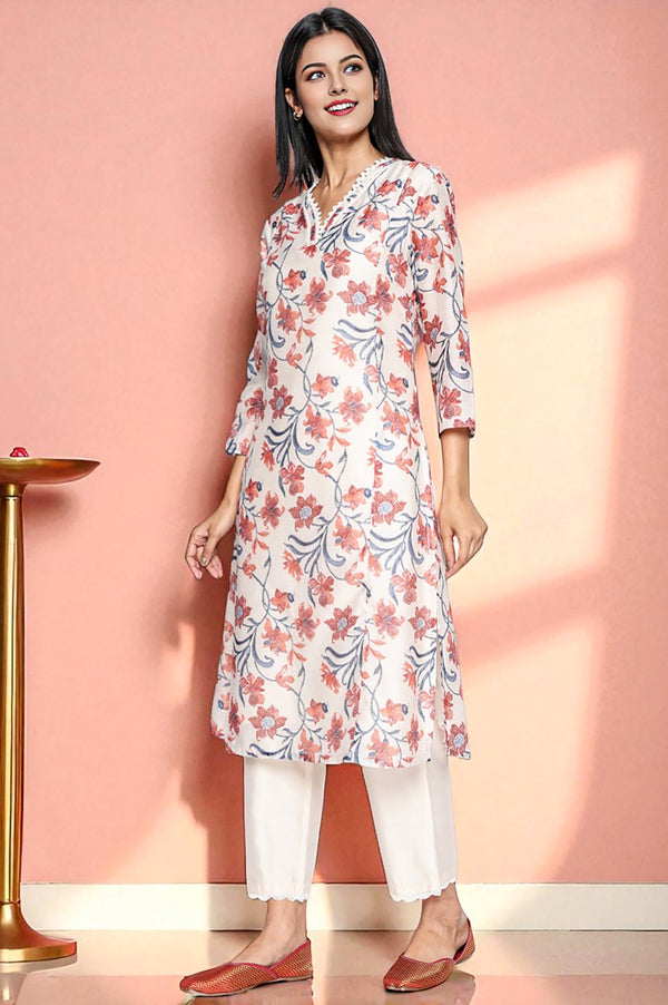 Walnut Beige Printed Chanderi A-line Kurta and Straight Pant Set