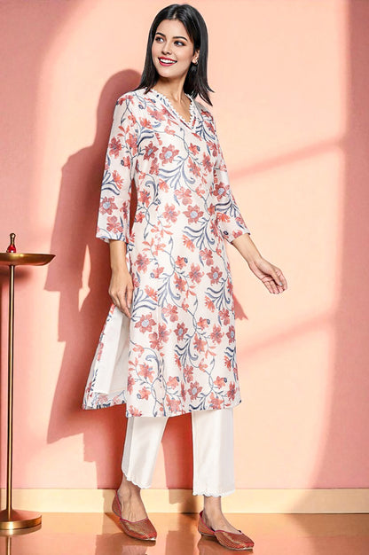 Walnut Beige Printed Chanderi A-line Kurta and Straight Pant Set