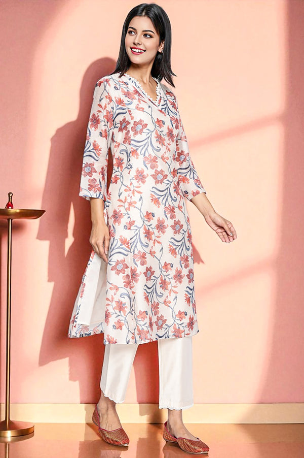 Walnut Beige Printed Chanderi A-line Kurta and Straight Pant Set