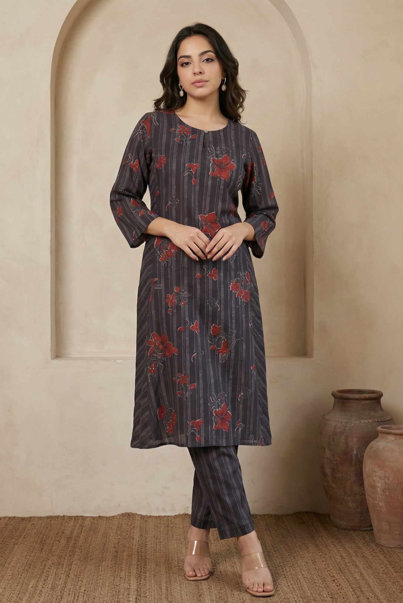 Charcoal Black Floral Printed Crepe Straight Kurta with Straight Pants Co-ord Set