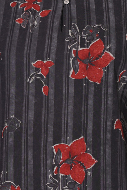 Charcoal Black Floral Printed Crepe Straight Kurta with Straight Pants Co-ord Set
