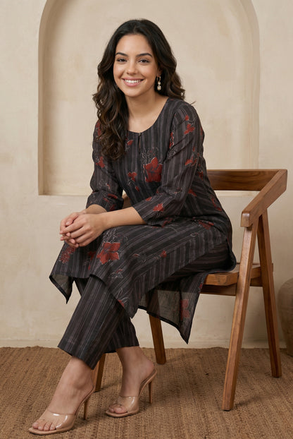 Charcoal Black Floral Printed Crepe Straight Kurta with Straight Pants Co-ord Set