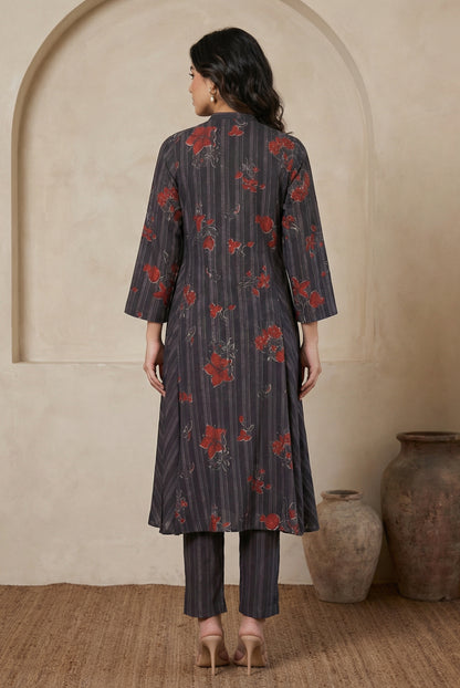 Charcoal Black Floral Printed Crepe Straight Kurta with Straight Pants Co-ord Set