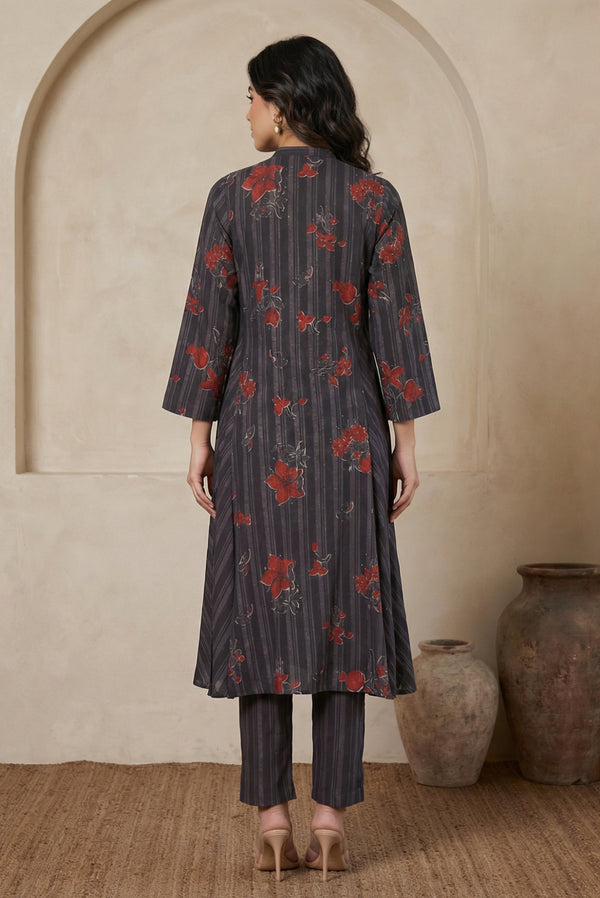 Charcoal Black Floral Printed Crepe Straight Kurta with Straight Pants Co-ord Set