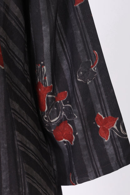 Charcoal Black Floral Printed Crepe Straight Kurta with Straight Pants Co-ord Set