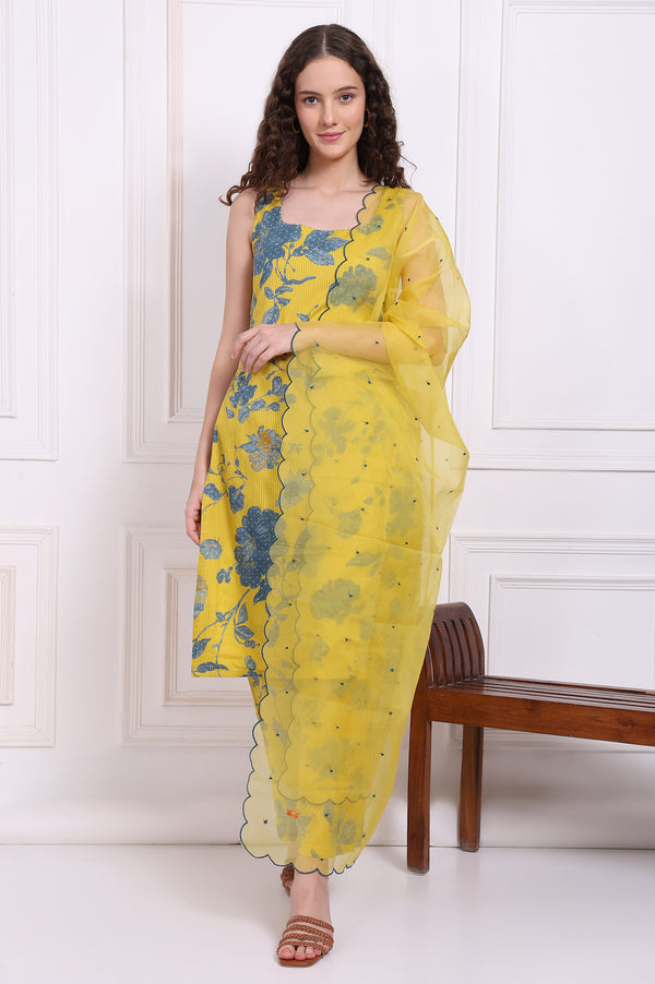 Yellow Bold Floral Printed Pure Cotton Straight Kurta, Parallel Pants and Dupatta Set