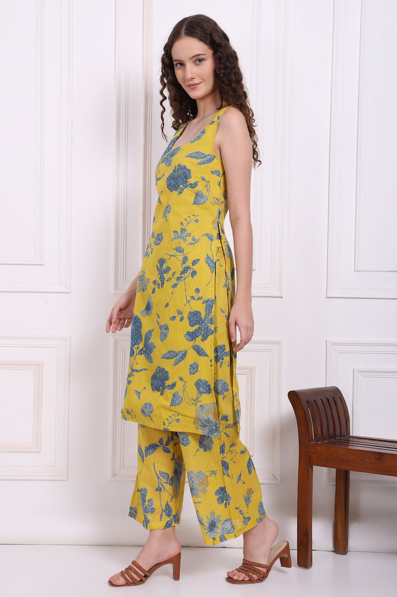 Yellow Bold Floral Printed Pure Cotton Straight Kurta, Parallel Pants and Dupatta Set
