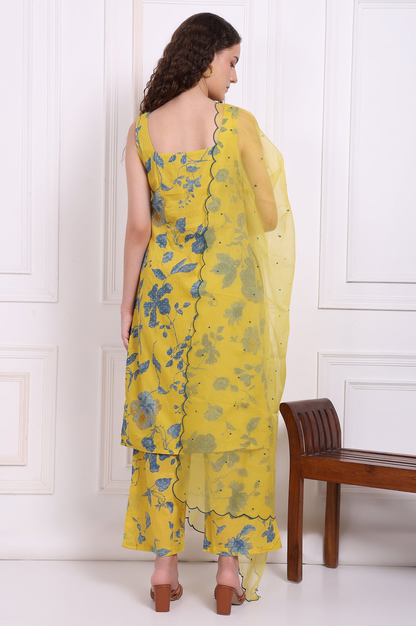 Yellow Bold Floral Printed Pure Cotton Straight Kurta, Parallel Pants and Dupatta Set