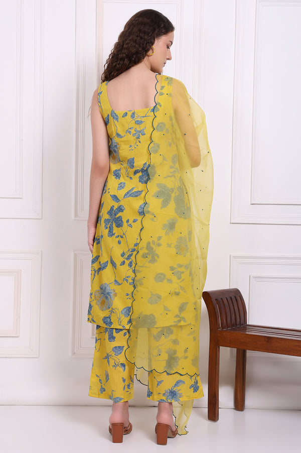 Yellow Bold Floral Printed Pure Cotton Straight Kurta, Parallel Pants and Dupatta Set