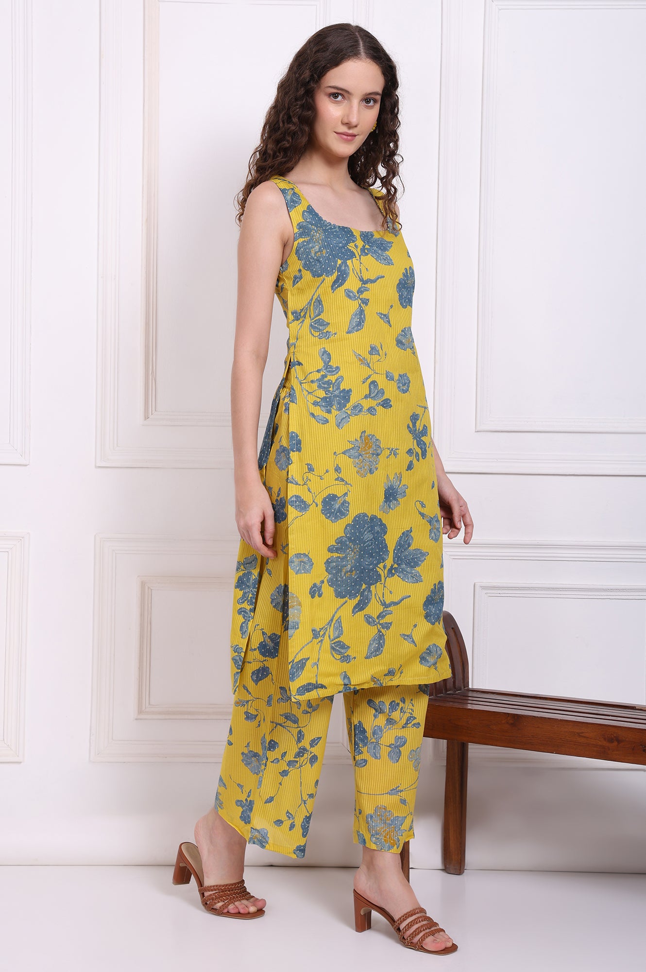 Yellow Bold Floral Printed Pure Cotton Straight Kurta, Parallel Pants and Dupatta Set