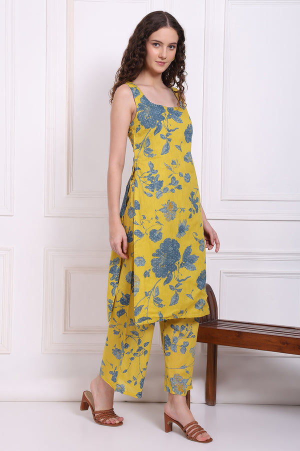 Yellow Bold Floral Printed Pure Cotton Straight Kurta, Parallel Pants and Dupatta Set
