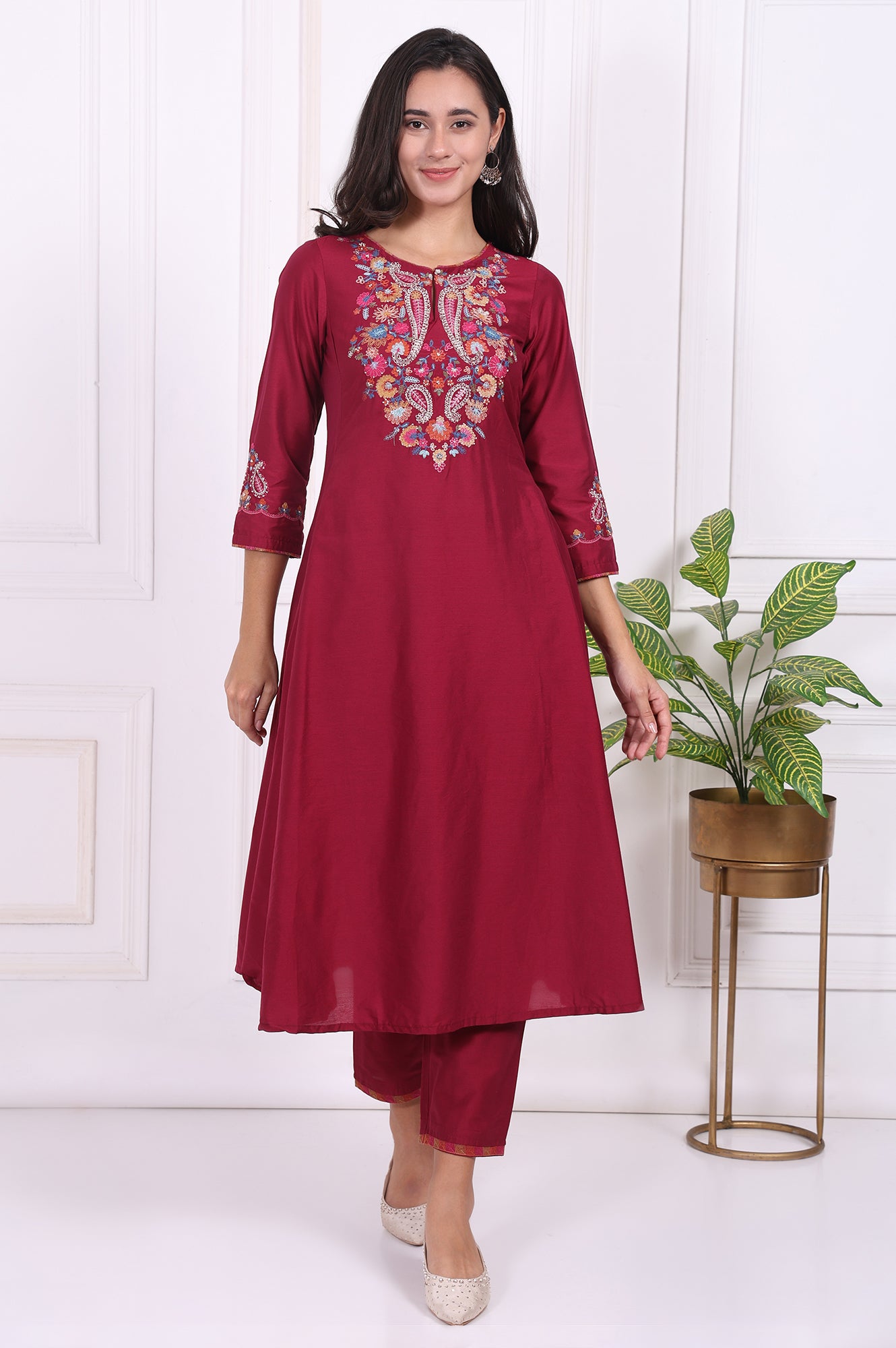 Maroon Embroidered Flared Kurta