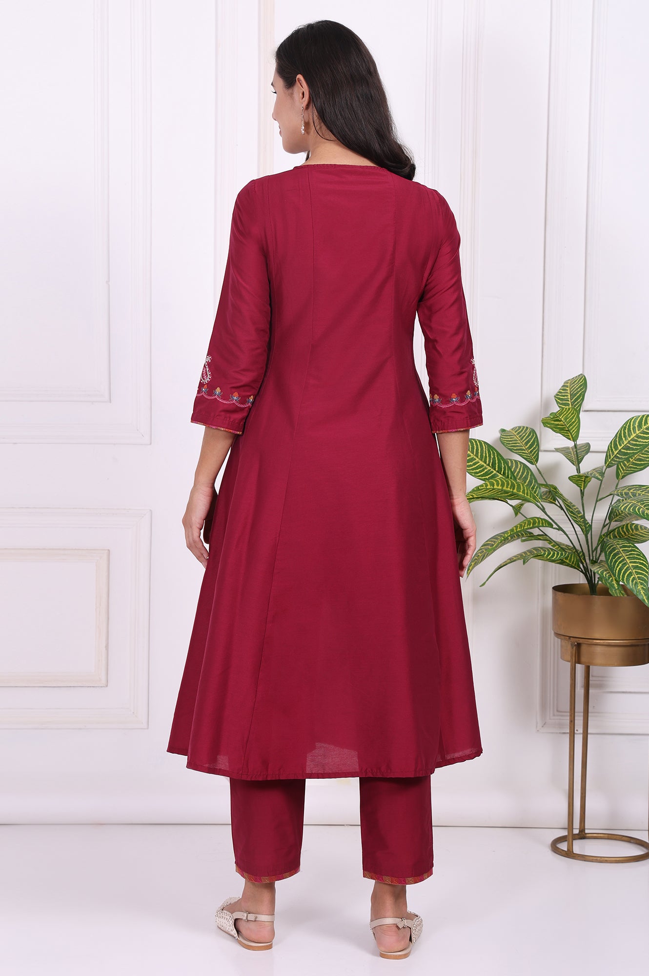 Maroon Embroidered Flared Kurta
