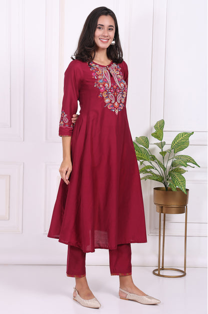 Maroon Embroidered Straight Kurta and Pants Co-ord Set