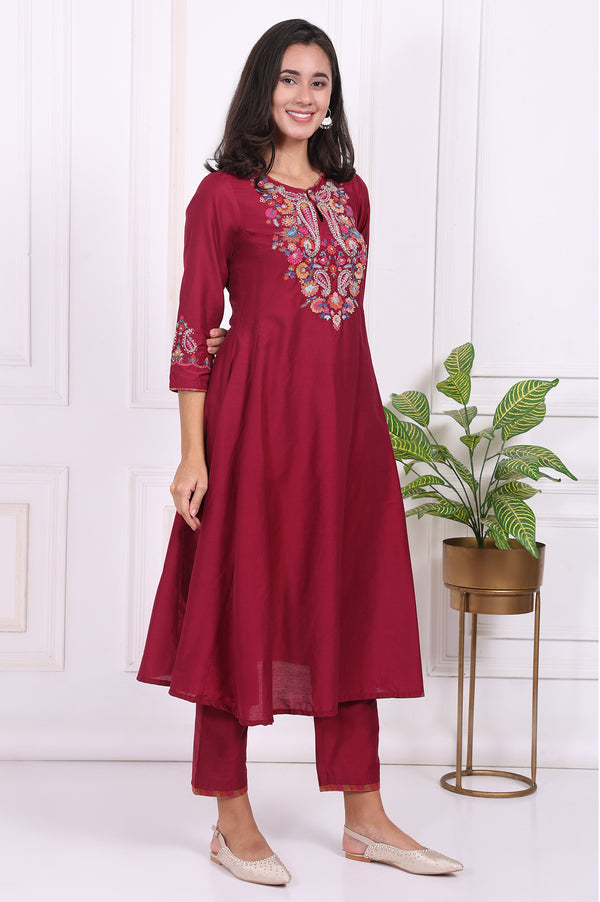 Maroon Embroidered Flared Kurta