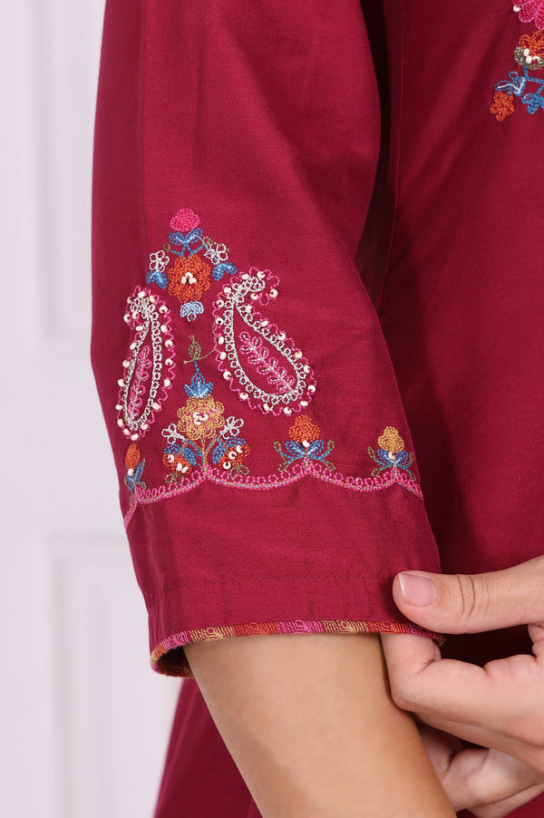 Maroon Embroidered Flared Kurta