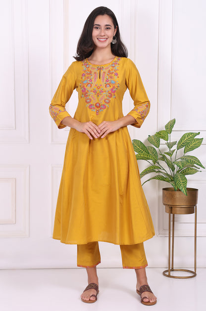 Yellow Embroidered Straight Kurta and Pants Co-ord Set