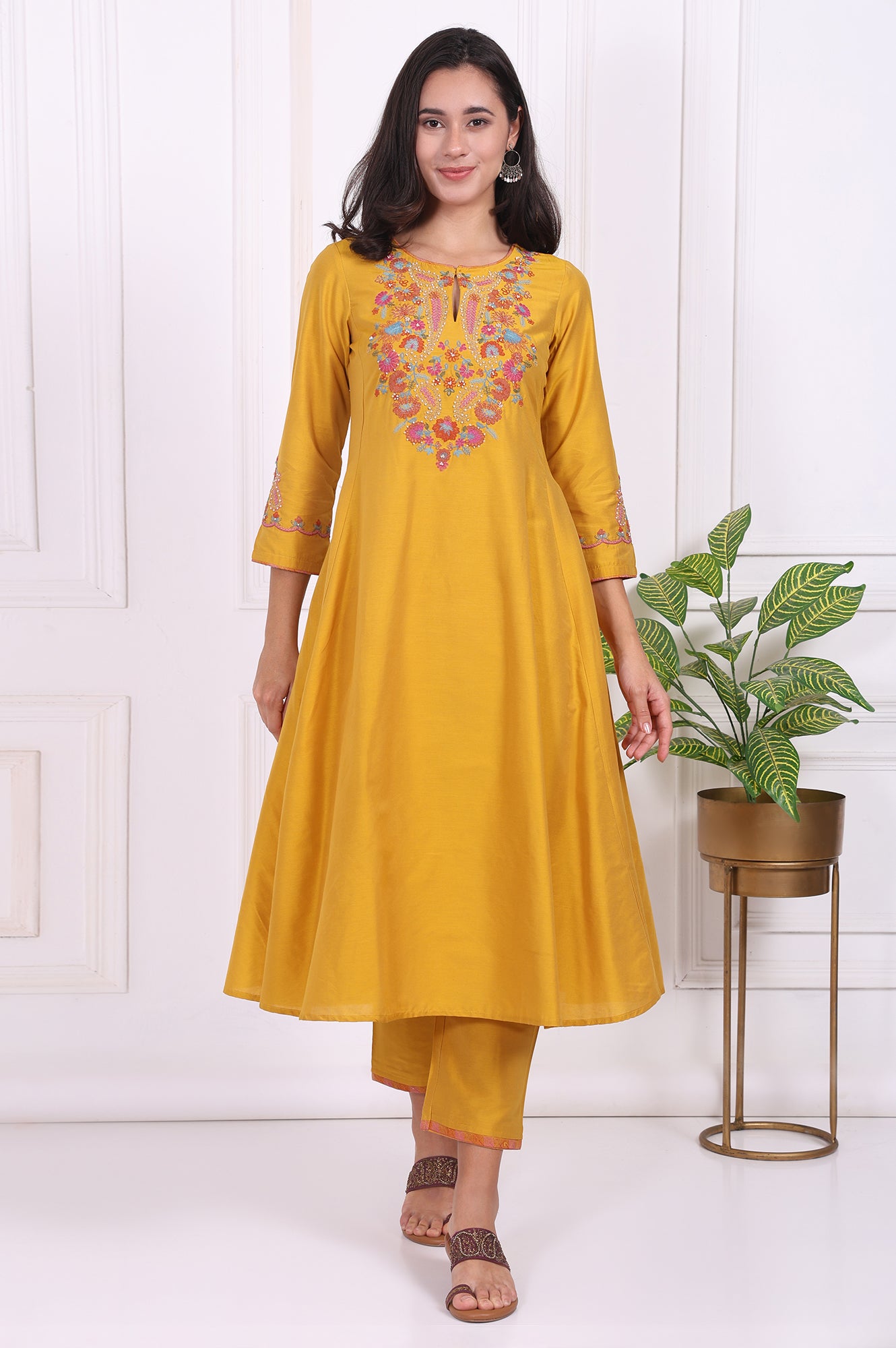 Yellow Embroidered Straight Kurta and Pants Co-ord Set
