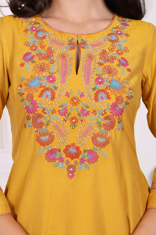 Yellow Embroidered Straight Kurta and Pants Co-ord Set